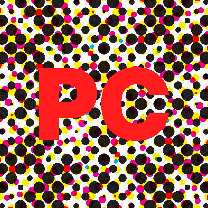 Logo de l'outil Générateur de palette de couleurs de Studio Soleil Orange : lettres PC rouges sur trame de points CMJN