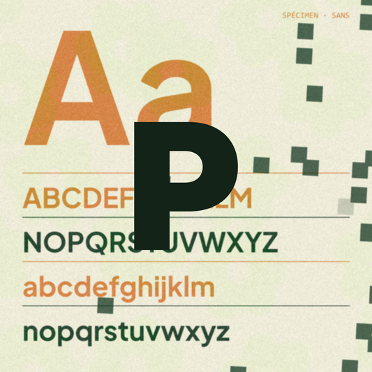 Logo de l'outil Générateur de polices de Studio Soleil Orange : lettre P sur un spécimen typographique