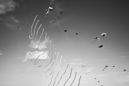 Nuée de cerfs-volants rubans dans le ciel de Dieppe - photographie noir et blanc - Corentin GMT