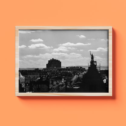 Toits de Strasbourg et statue - tirage N&B cadre chêne sur fond orange - Corentin GMT