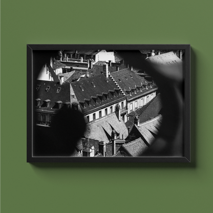 Vieux toits de Strasbourg - tirage N&B cadre noir sur fond vert - Corentin GMT