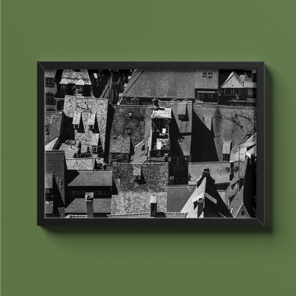 Toits de la vieille ville, Strasbourg - tirage N&B cadre noir sur fond vert - Corentin GMT