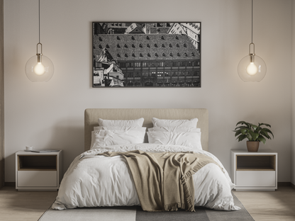 Neue Bau, Strasbourg - tirage N&B encadré au-dessus d'un lit - Corentin GMT