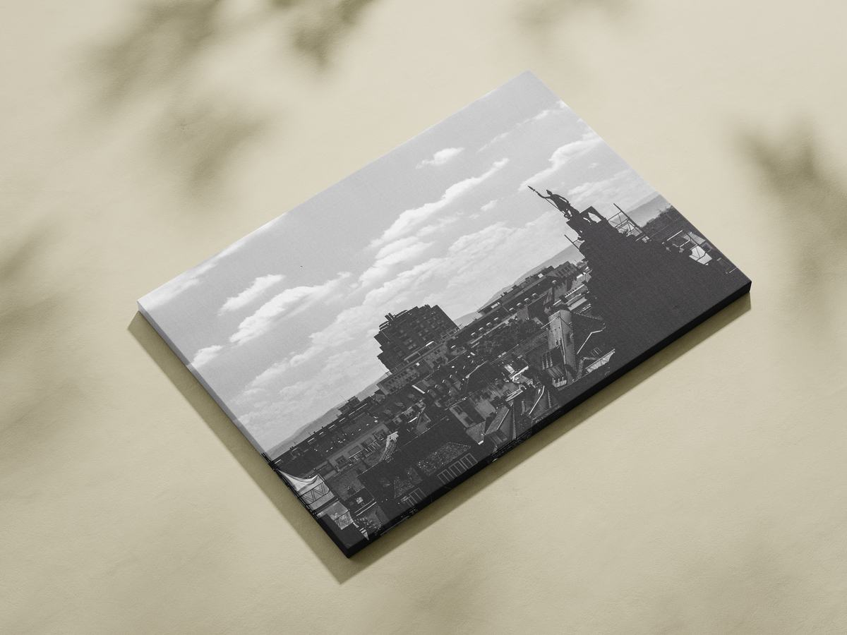 Toits de Strasbourg et statue - tirage N&B sans cadre vu de trois quarts - Corentin GMT