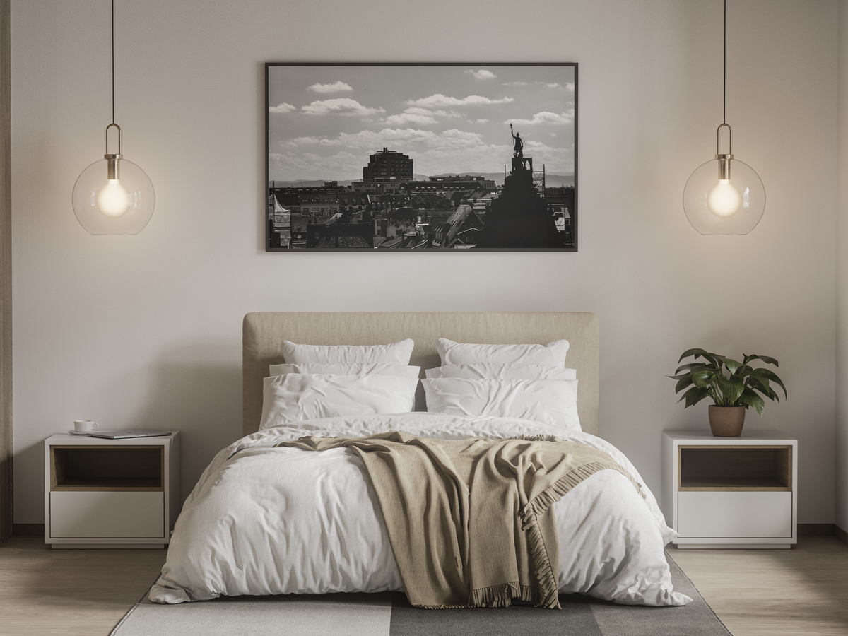 Toits de Strasbourg et statue - tirage N&B encadré au-dessus d'un lit - Corentin GMT