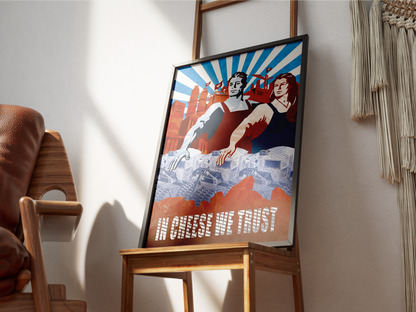 Poster In Cheese We Trust - affiche encadrée noire sur une chaise en bois - Corentin GMT