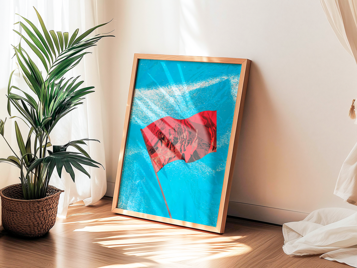 Poster Drapeau Rouge - affiche posée au sol près d'un palmier en pot - Corentin GMT