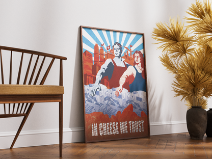 Poster In Cheese We Trust - affiche posée au sol près d'une chaise en bois - Corentin GMT