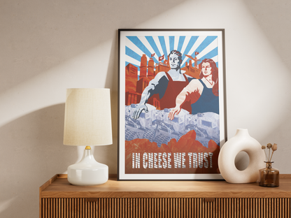 Poster In Cheese We Trust - affiche sur une console avec lampe - Corentin GMT