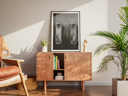 Pompes à essence rétro - tirage N&B posé sur un buffet en bois avec palmier - Corentin GMT