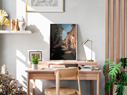 Ruelle pavée, Villequier - tirage N&B sur un bureau avec lampe et plantes - Corentin GMT
